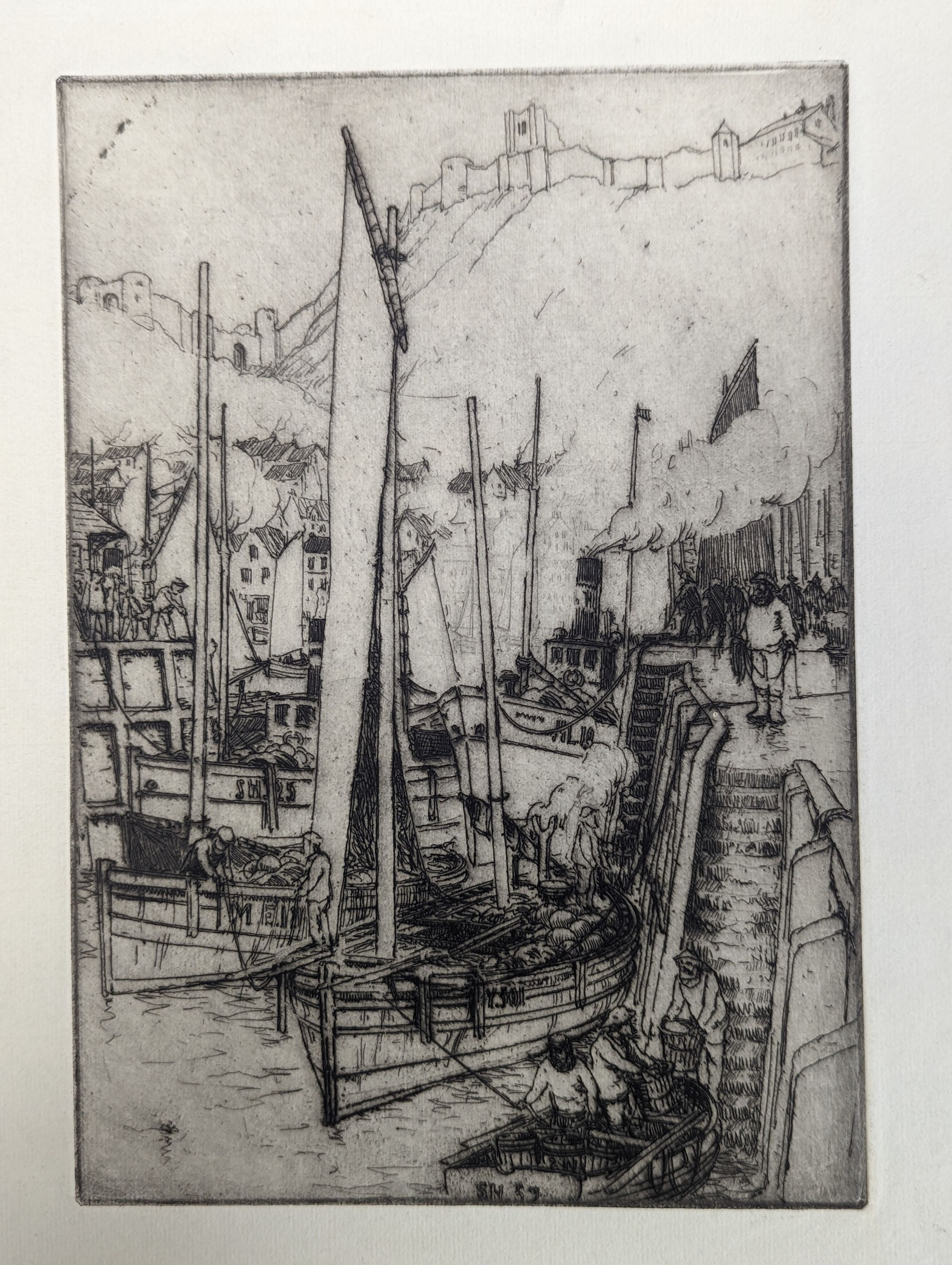 Nelson Dawson (1859-1941), six assorted etchings and an original sketch